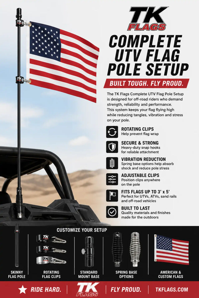 Complete 1/2 inch X 72" UTV ATV Fiberglass Flag Whip with Quick Release Custom Flag Mounts and Choice of Flag